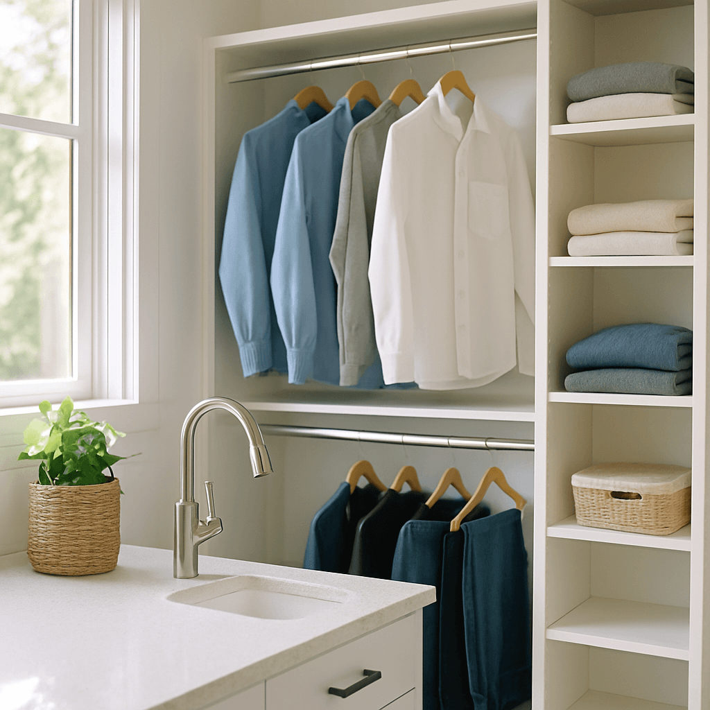 Organized closet system with shelving and bins