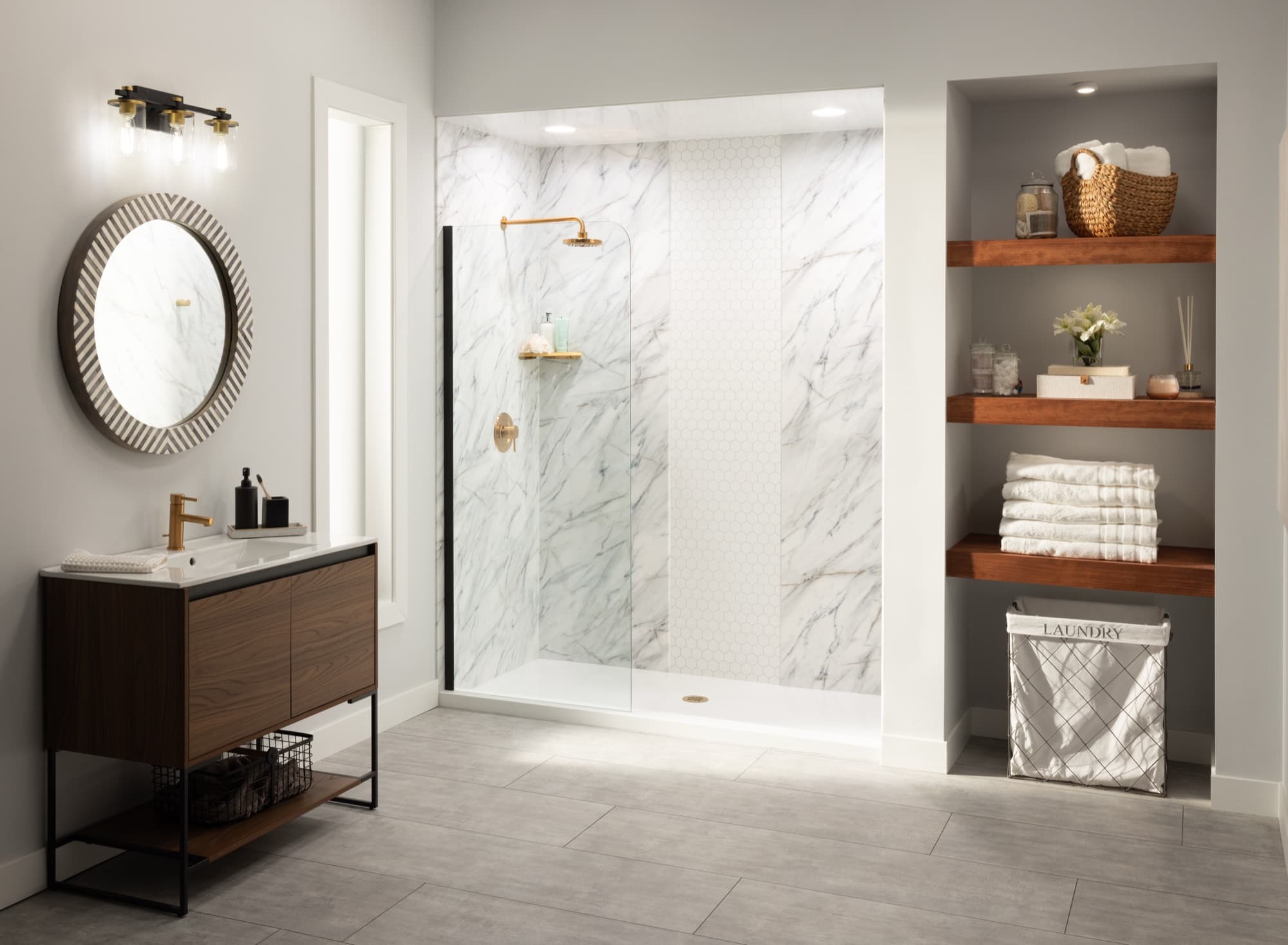 Bath Planet marble walk-in shower with brushed gold rainfall fixtures