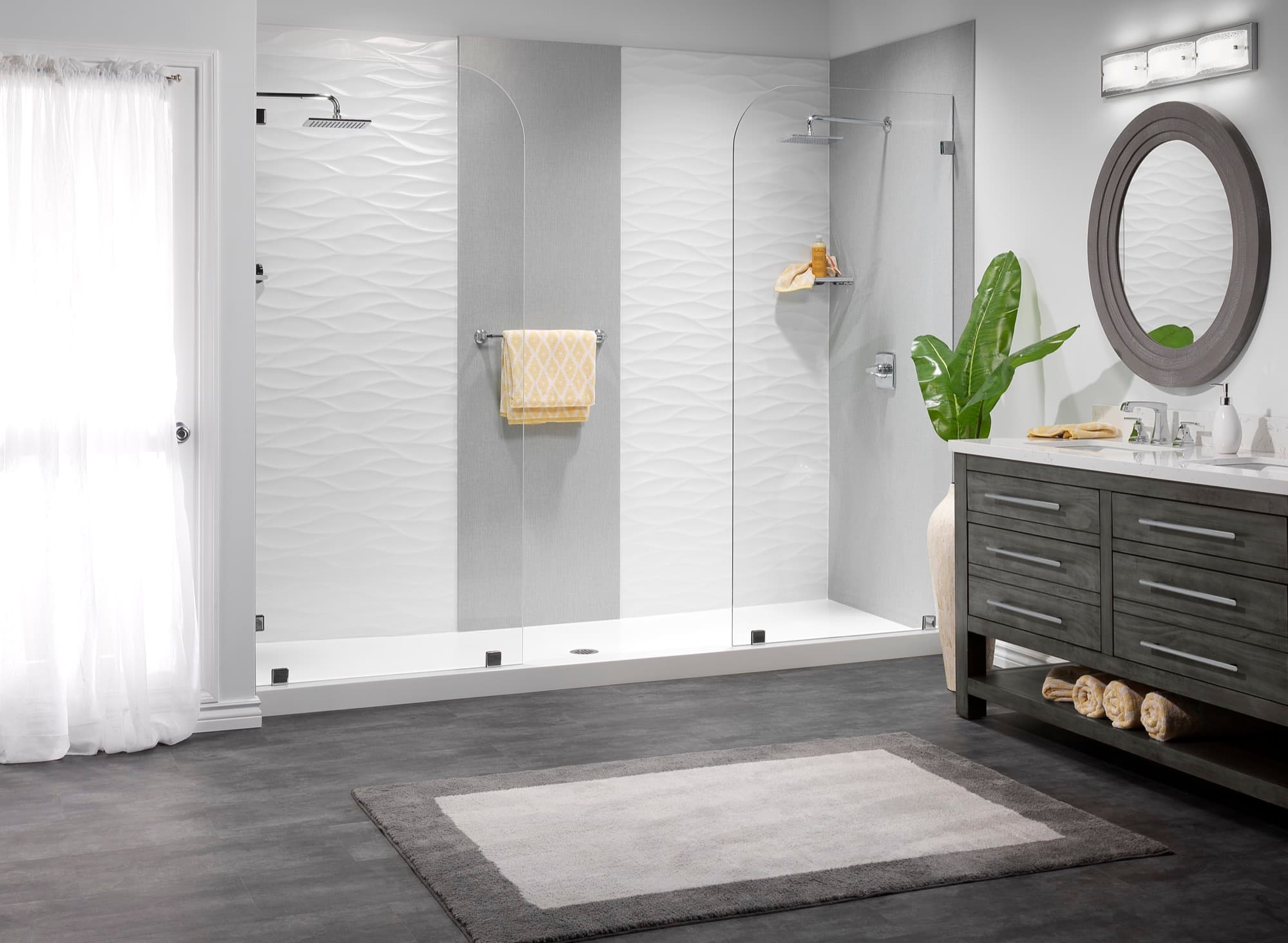 Bath Planet sculpted wave shower walls with chrome fixtures