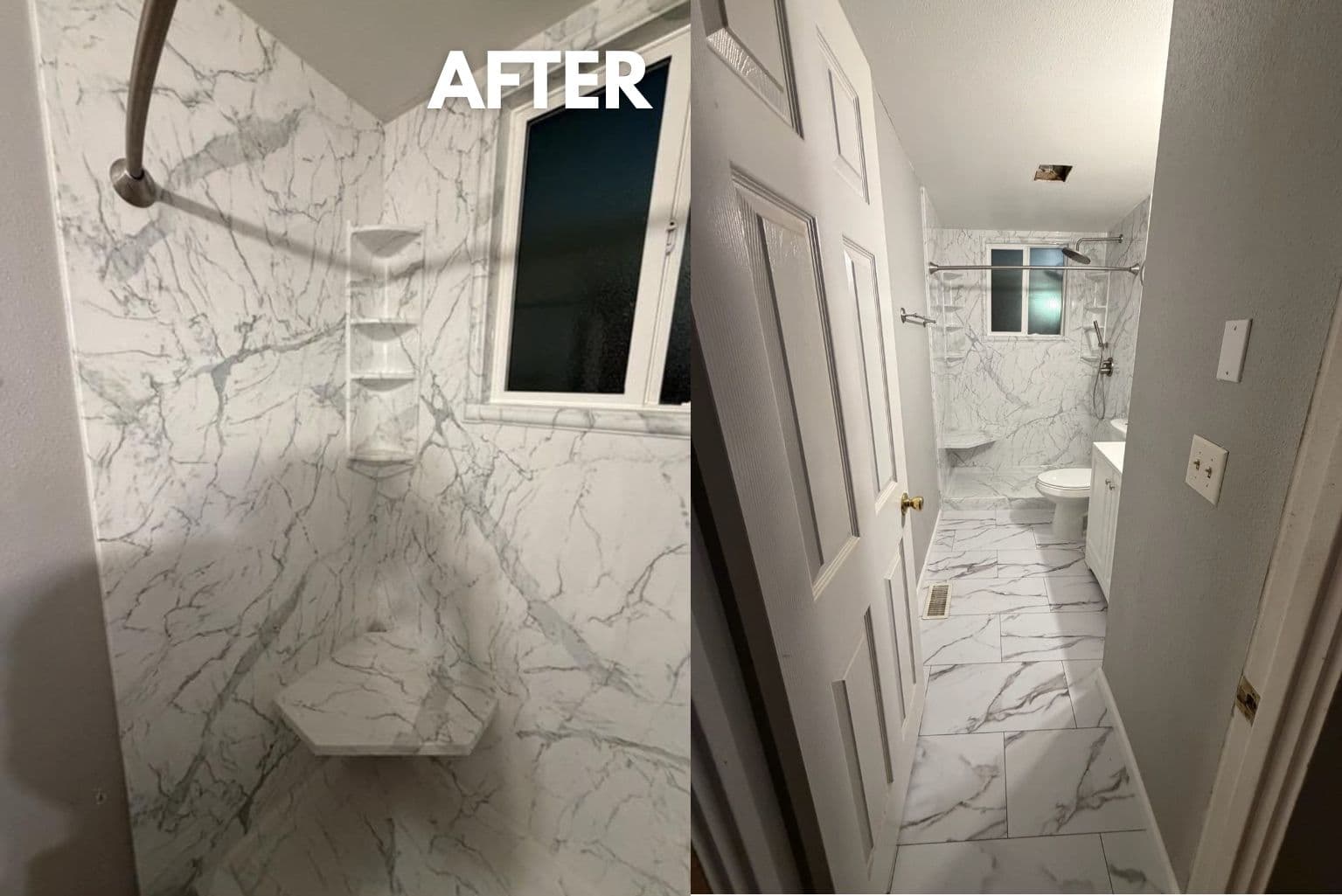 Rebuilt Mountain Home bathroom with marble-look shower
